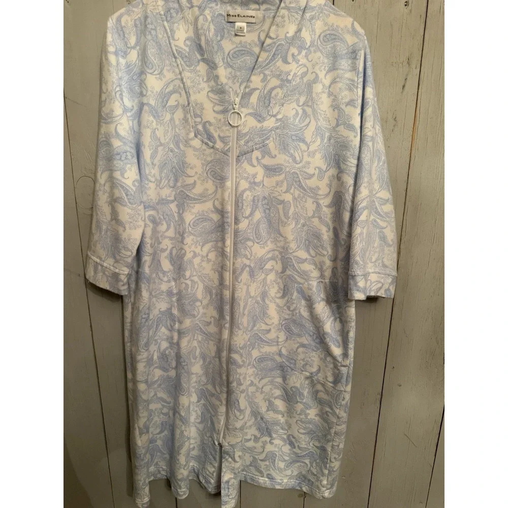 Miss Elaine Quilted Paisley  3/4-Sleeve Full Zip‎ Up Robe Blue Floral Sz-S